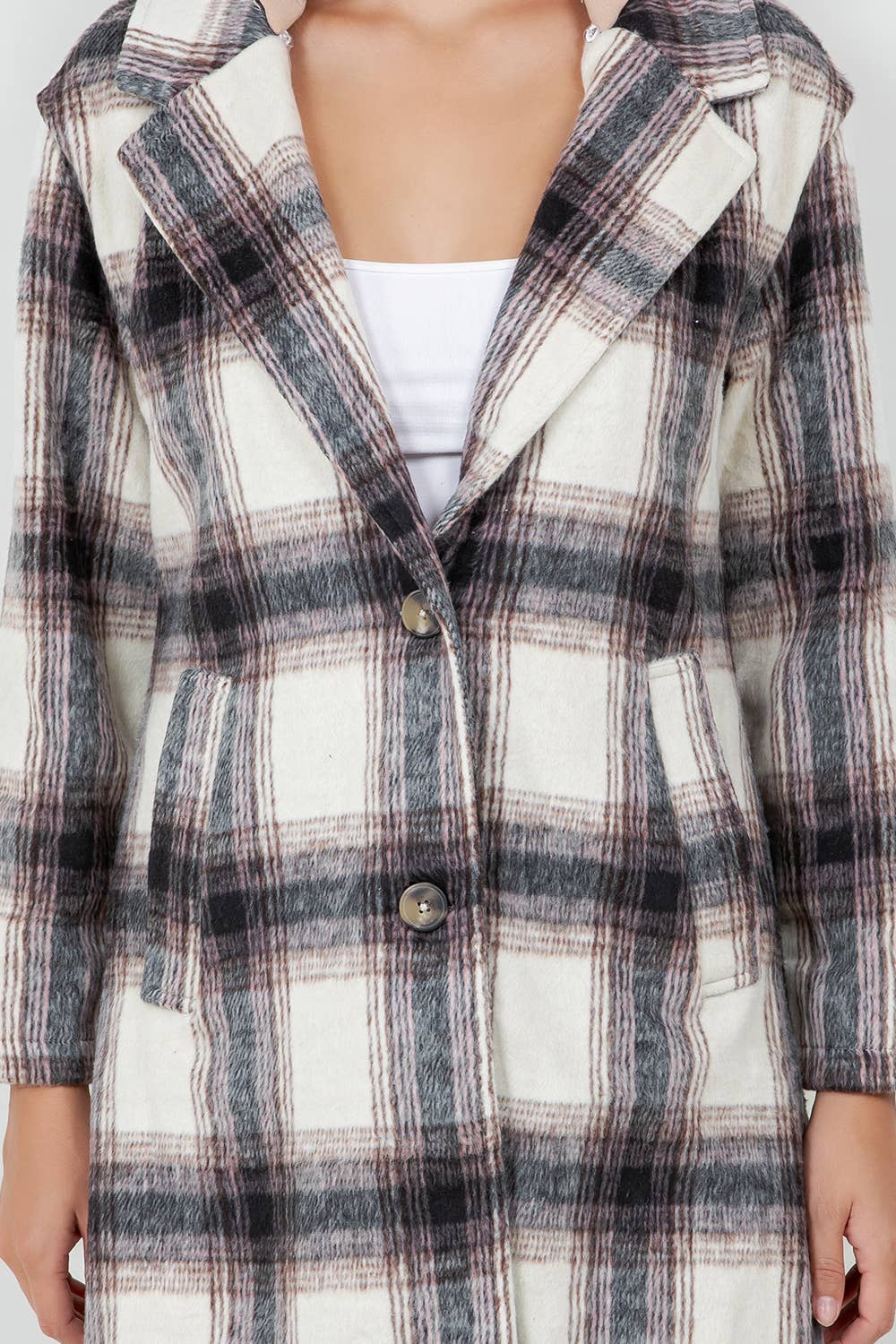 Veracci - Oversized Woolen Plaid Coat / Jacket with detachable Hood