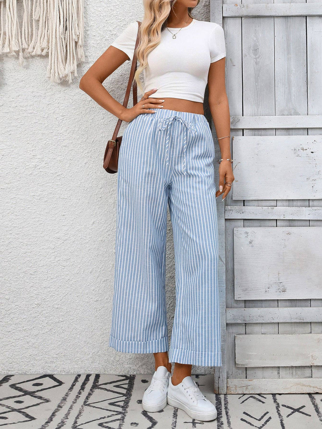 Suhkasana - Striped High Waist Wide Leg Pants Casual Summer