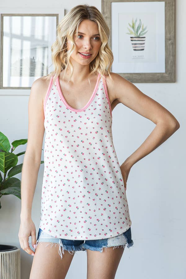 Floral Scoop Neck Solid Rib Contrast Trim Tank Top T5928