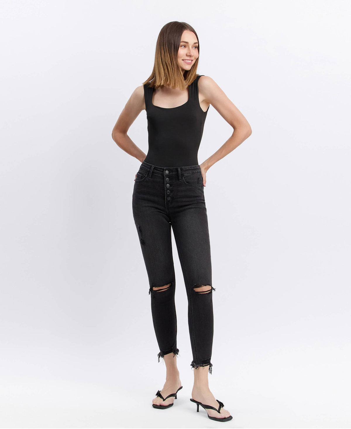VERVET by FLYING MONKEY - HIGH RISE BUTTON FLY DISTRESSED CROP SKINNY JEANS V2125SHC