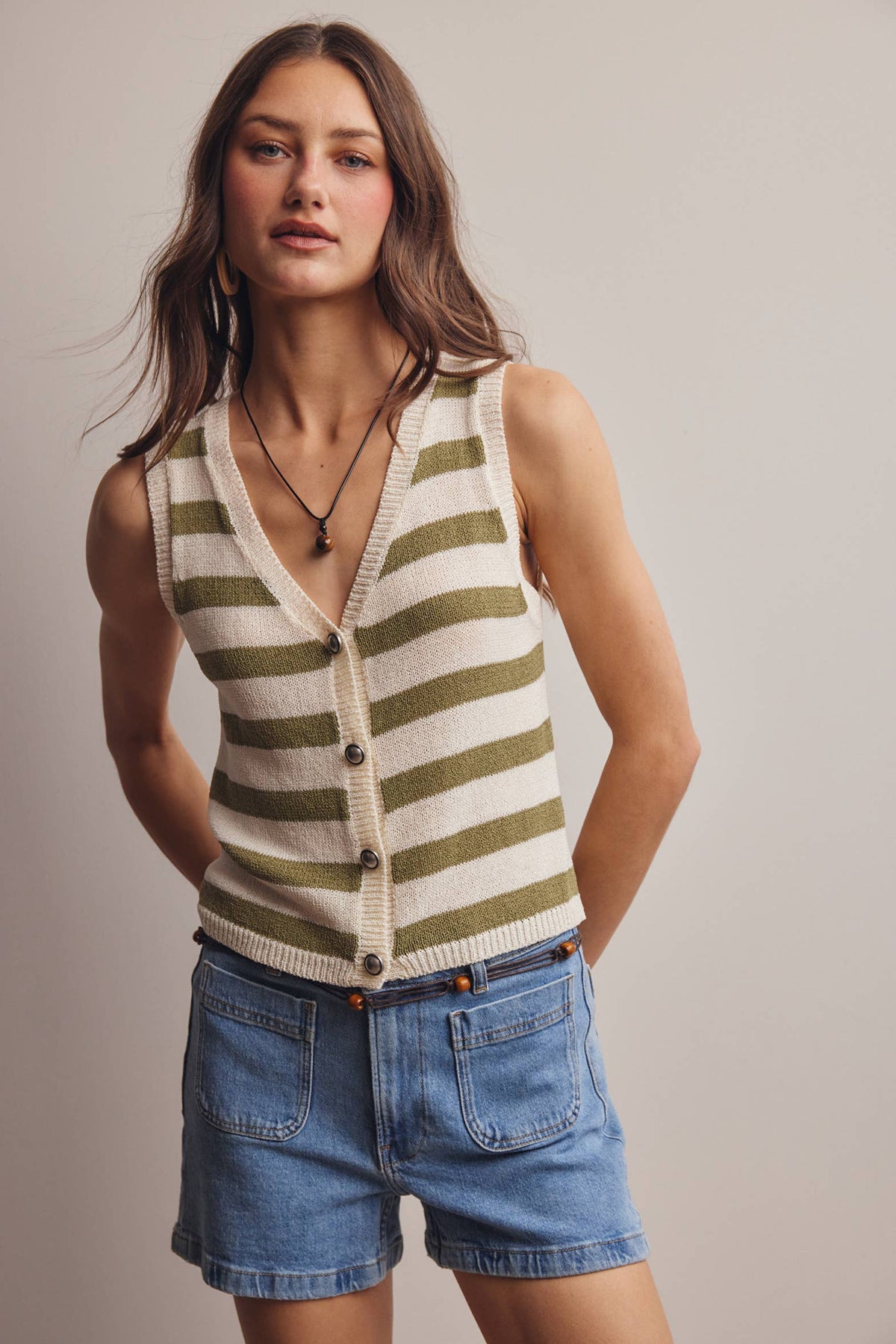 Forte - Striped Button-Front Knit Vest Top FSW0047