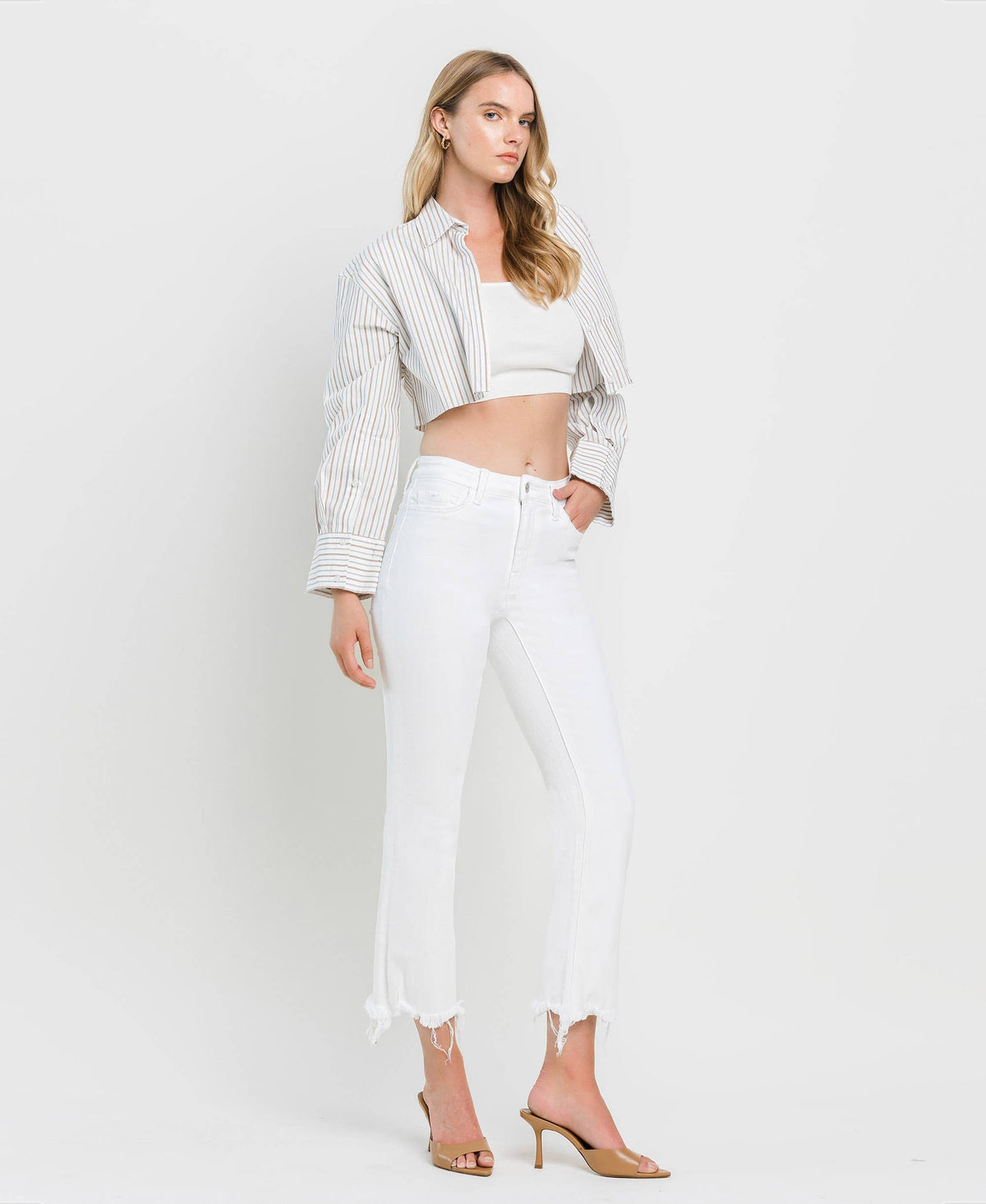 VERVET by FLYING MONKEY - HIGH RISE UNEVEN RAW HEM CROP FLARE JEANS T6348WH