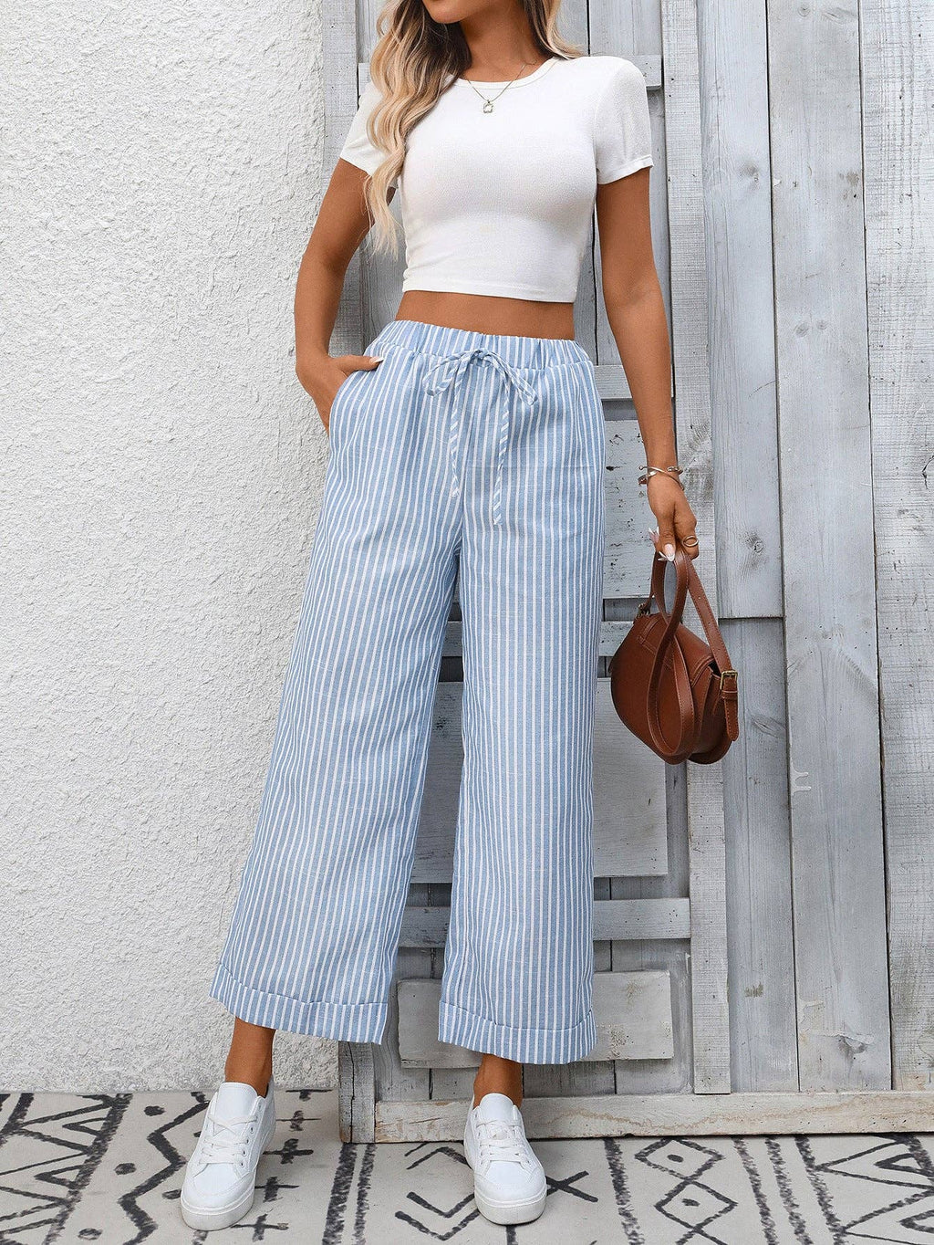Suhkasana - Striped High Waist Wide Leg Pants Casual Summer
