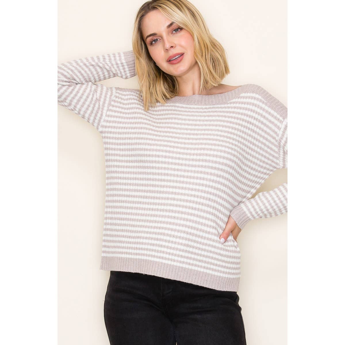 STACCATO - BOAT NECK PULLOVER SWEATER - IVORY/TAUPE
