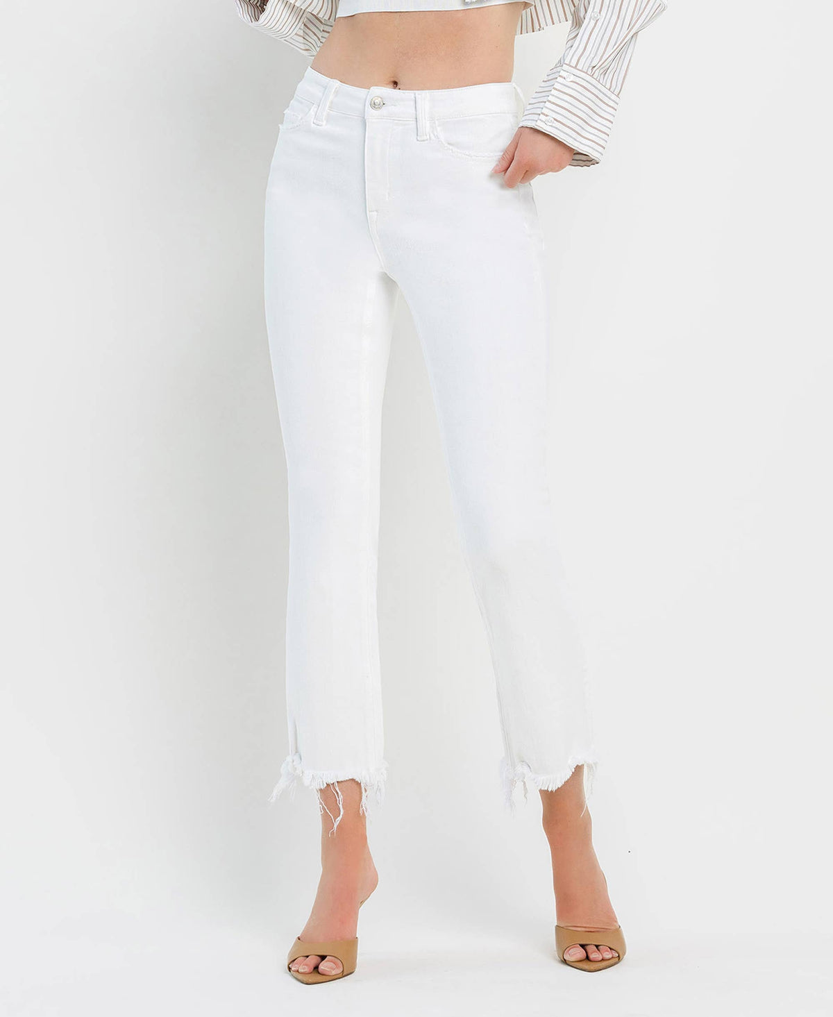 VERVET by FLYING MONKEY - HIGH RISE UNEVEN RAW HEM CROP FLARE JEANS T6348WH