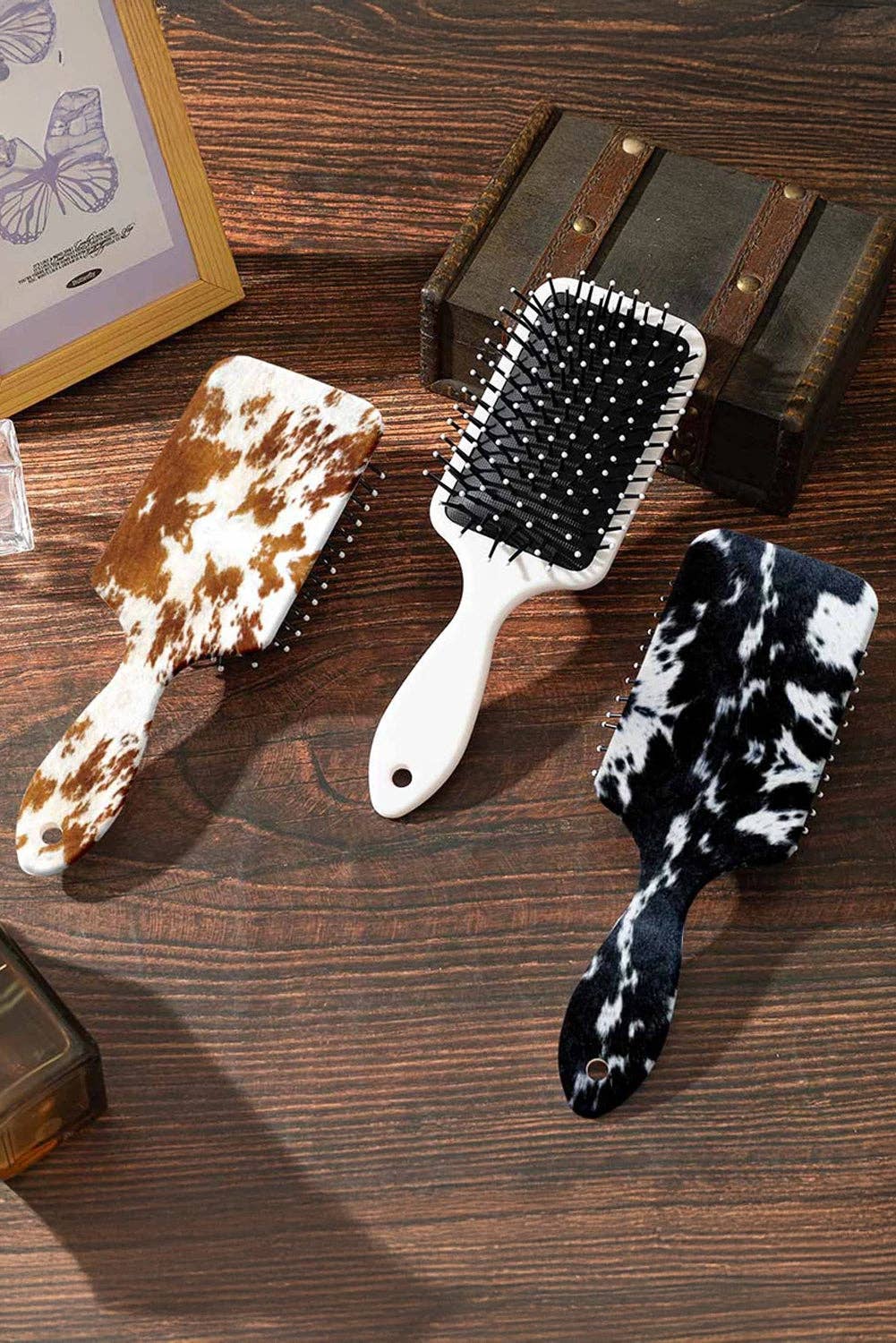 Suhkasana - Chestnut Cow Print Air Cushion Hair Brush with Long Handle