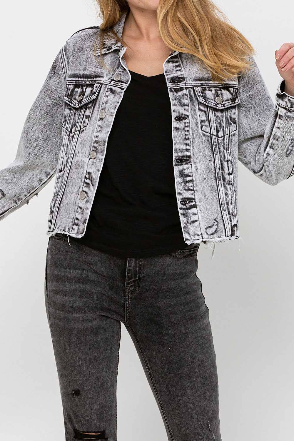 VERVET by FLYING MONKEY - DISTRESSED BLACK ACID WASH CLASSIC CROP JACKET VT1156