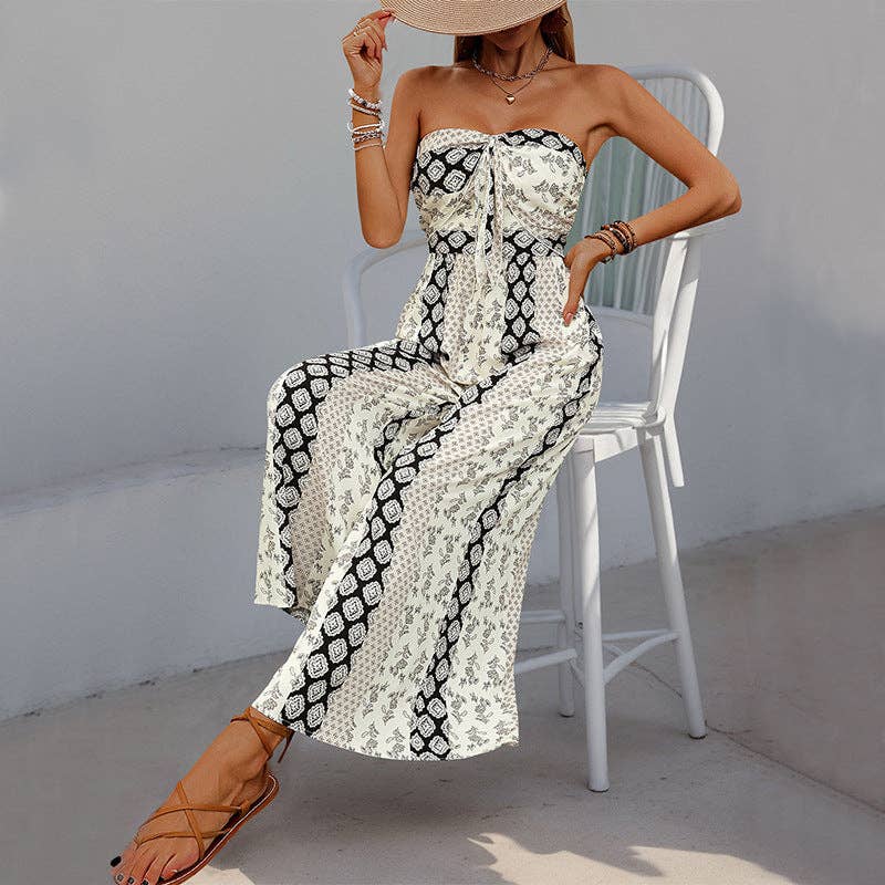 Suhkasana - Boho Strapless Smocked Jumpsuit with Wide-Leg Flare Pants