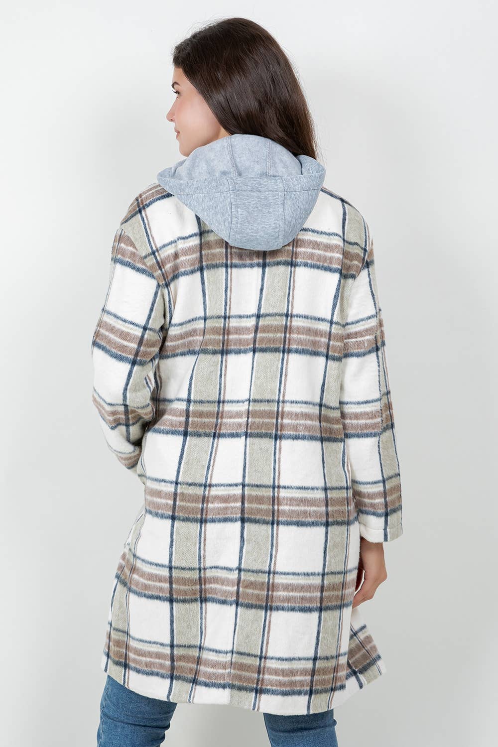 Veracci - Oversized Woolen Plaid Coat / Jacket with detachable Hood