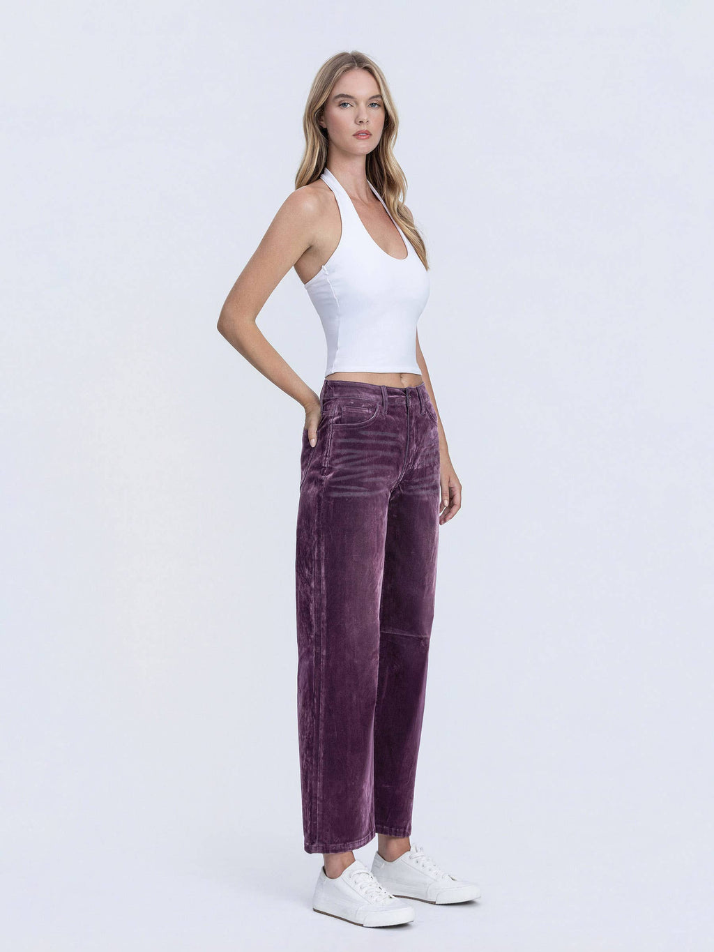 VERVET by FLYING MONKEY - HIGH RISE VELVET FLOCKED PURPLE BARREL LEG JEANS T7091PUR