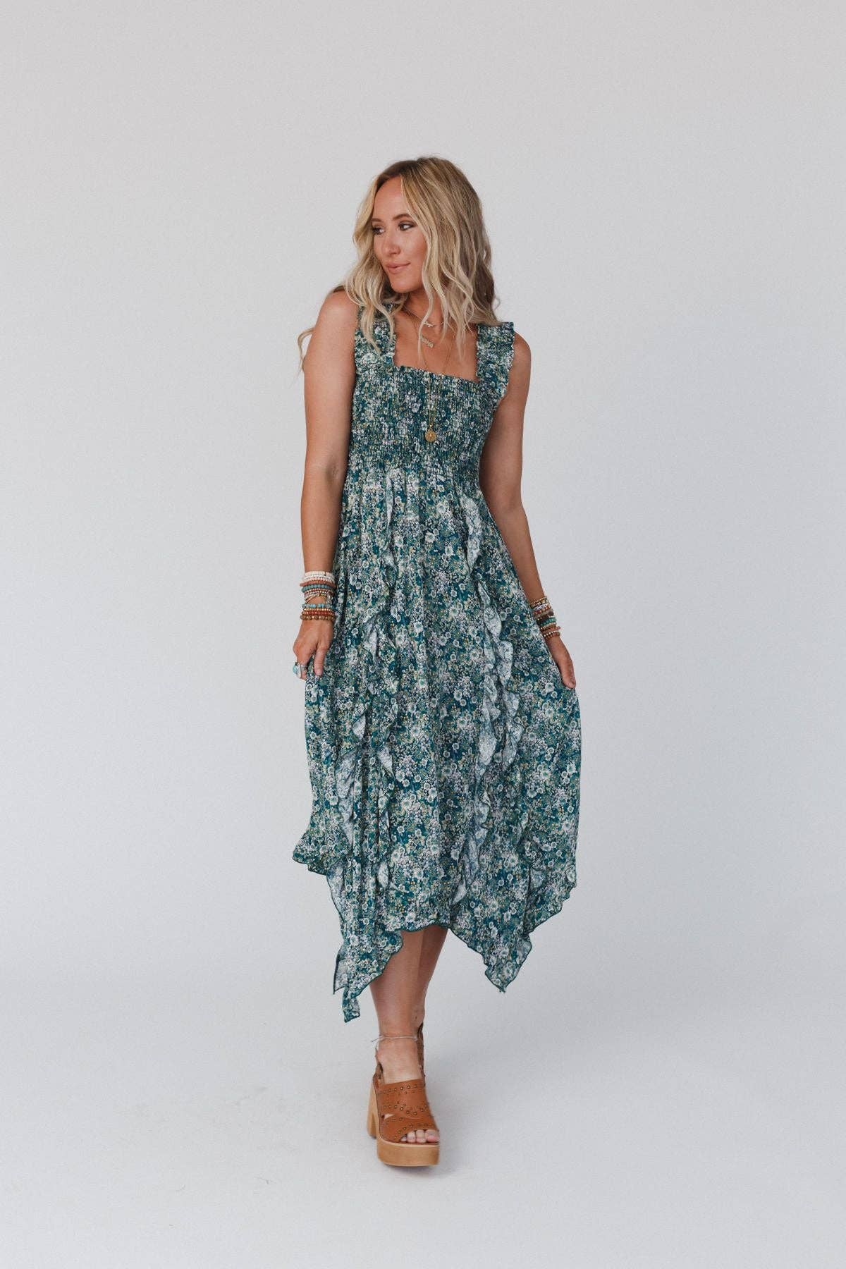 Three Bird Nest - Smitten Smocked Ruffle Maxi Dress - Green