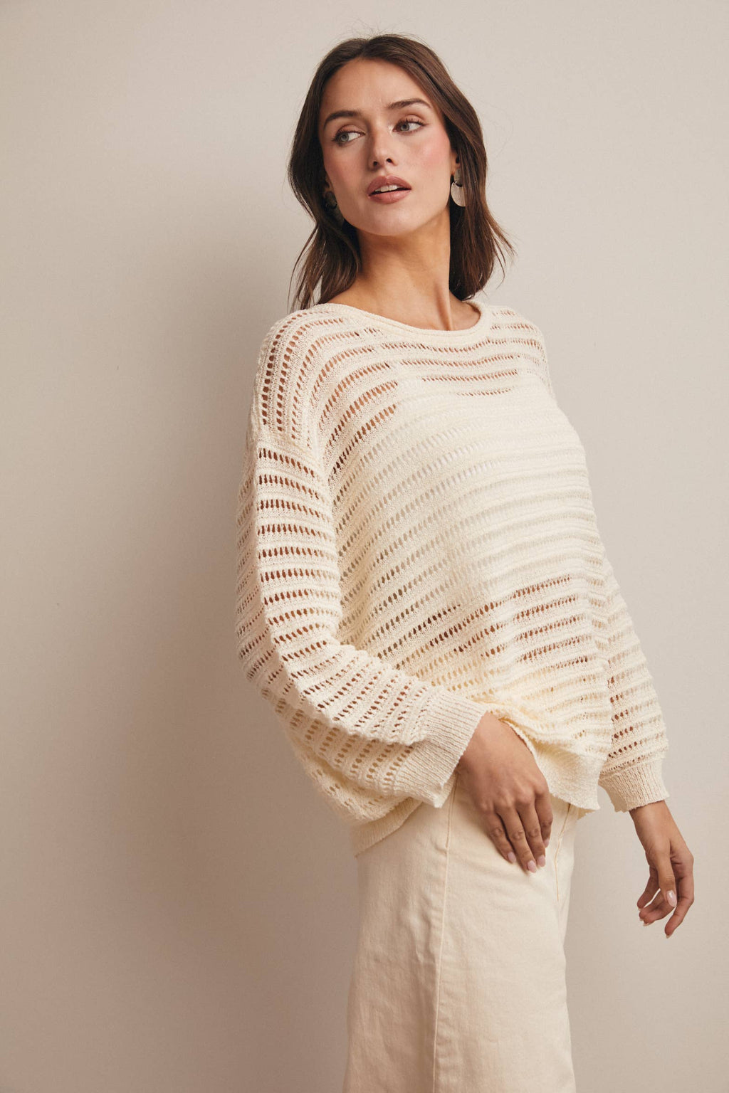 Forte - Open-Knit Stripe Sweater Top FSW0056