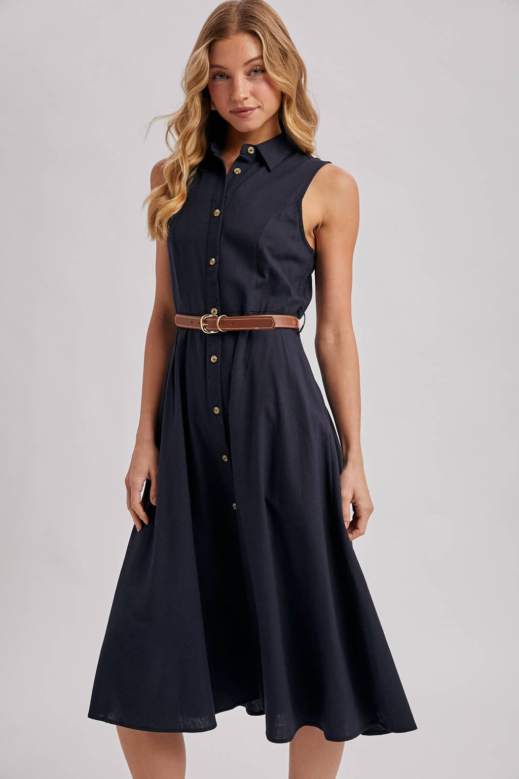 Bluivy - BUTTON DOWN SLEEVELESS BELTED SHIRT MIDI DRESS