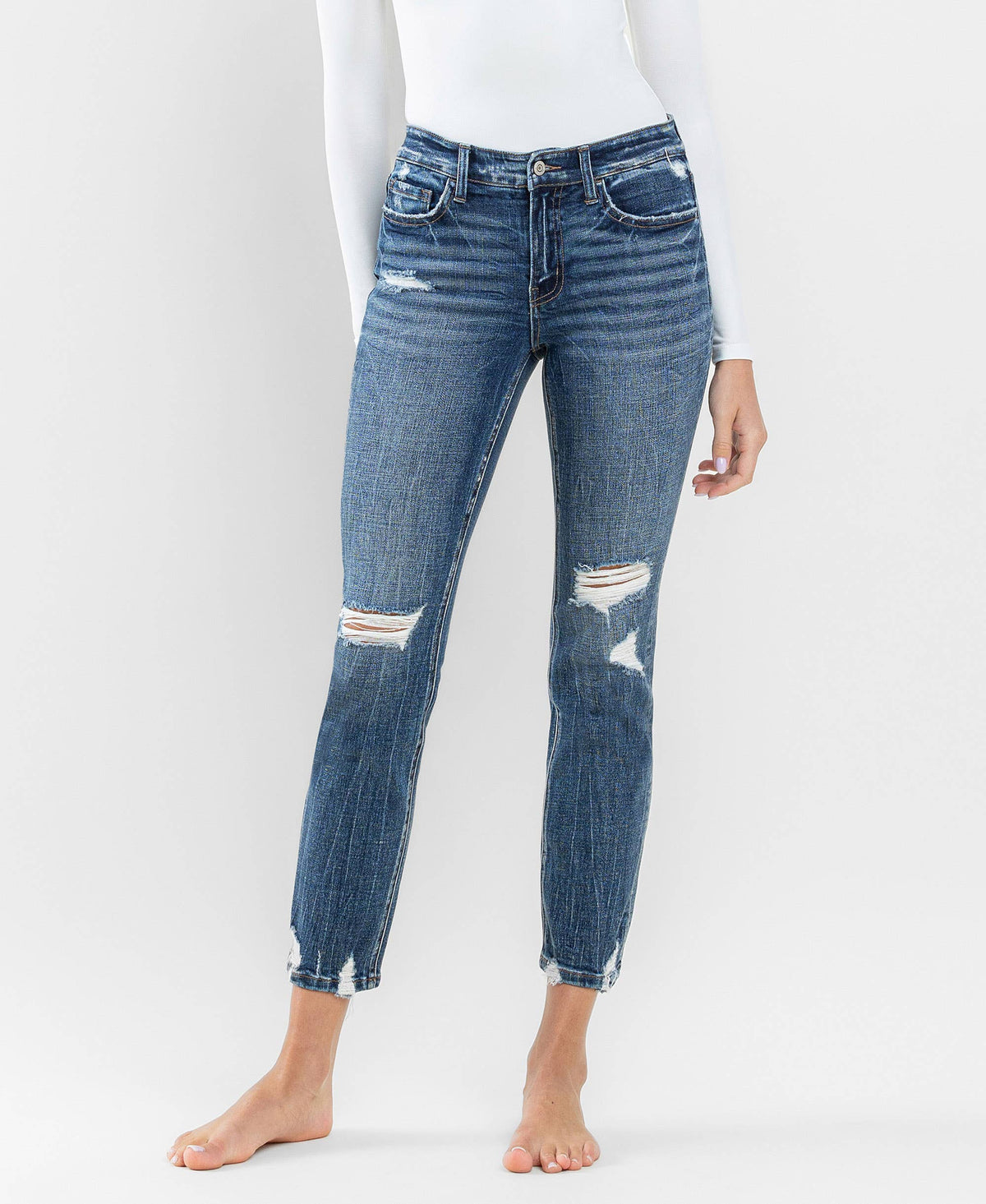 FLYING MONKEY - MID RISE DISTRESSED CROP SLIM STRAIGHT JEANS F5297